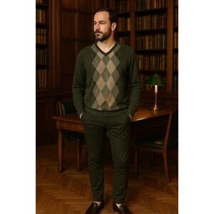 Banana Republic Wool Sweater XXL Green Argyle V-Neck Preppy Classic Y2K Vibes